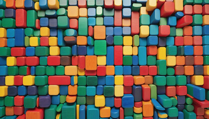 Colorful array of wooden blocks on white backdrop. Colorful cube spectrum. Color scheme display, vivid color concept. Wooden block arrangement in various hues.
