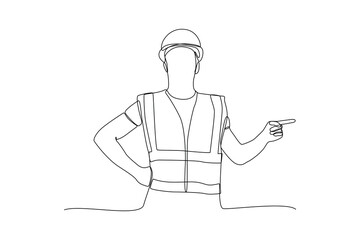 Continuous one line drawing posing with his attributes. Construction worker in uniform and helmet doing work. Builder concept. Repair work services. Single line draw design.