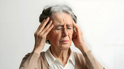 An old woman with migraine headache holding her head isolated on a white background. High quality