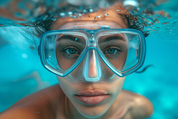 Naklejka premium Young woman wearing diving glasses underwater.