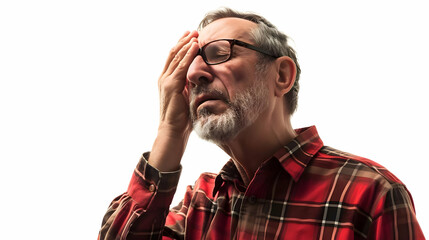 An old man with migraine headache holding his head isolated on a white background. High quality