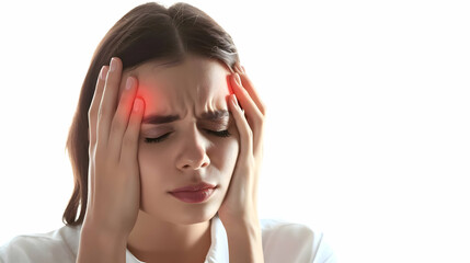 Fototapeta premium A woman with migraine headaches holding her head with red pain indicators isolated on a white background. High quality