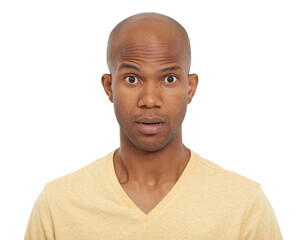 Portrait, confused and black man with expression, why or model isolated on white studio background. Face, African person or guy with questions, reaction or omg with emoji, wow or review with feedback