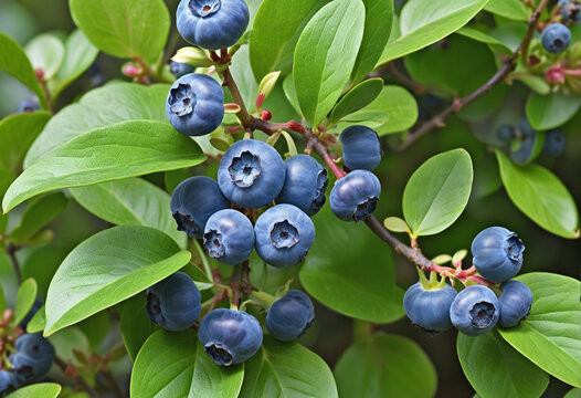 Close-up of ripe blueberries and green leaves on bush, stock image