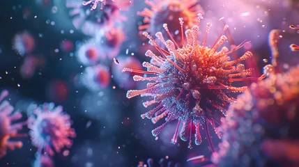 Crédence de cuisine en verre imprimé Photographie macro Microscopic macro closeup view of floating influenza virus cells concept illustration