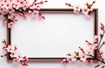 Frame with beautiful sakura spring flowers, white background with copy space