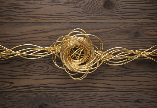 Two entities linked by golden wire with wave pattern, set against a rustic wood background. Symbolizing communication, networking, social media, and internet connectivity.