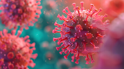 Microscopic macro closeup view of floating influenza virus cells concept illustration - obrazy, fototapety, plakaty