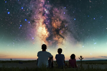Rear view of a family stargazing under an incredibly beautiful night sky. Lifestyle concept of night view and Milky Way. - obrazy, fototapety, plakaty