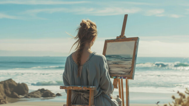 A young woman on a sandy beach draws a picture. Hobby and leisure concept. Painting on canvas. Lifestyle.