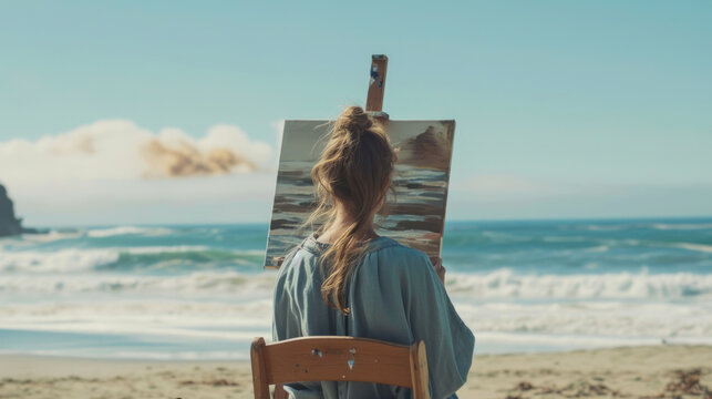 A young woman on a sandy beach draws a picture. Hobby and leisure concept. Painting on canvas. Lifestyle.