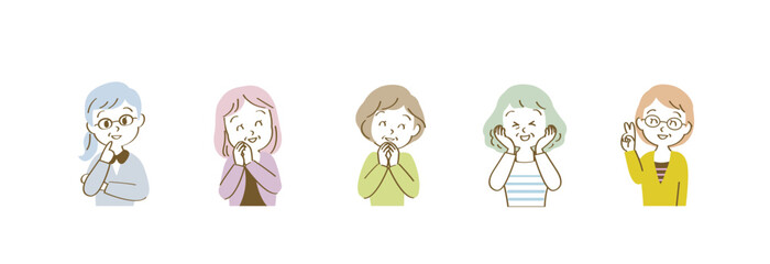 吹き出しセリフが似合うポジティブな表情の50代女性アイコンセット/横長/カジュアル/フルカラー
