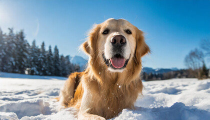A golden retriever in the snow in a sunny day - obrazy, fototapety, plakaty