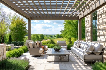 Fototapeta premium Cozy patio with sofas and a table. Pergola shade over patio.