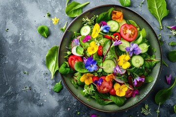 Fresh salad of spring vegetables decorated with edible flowers