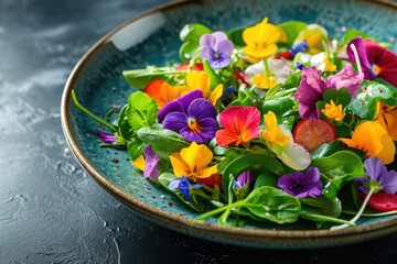 Fresh salad of spring vegetables decorated with edible flowers
