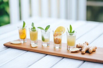 assorted ginger shots with different spice add-ons - obrazy, fototapety, plakaty