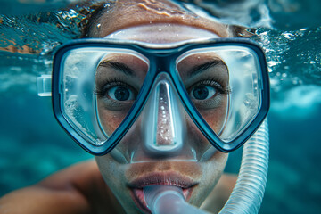 A young woman wearing diving goggles and a snorkel for breathing underwater.