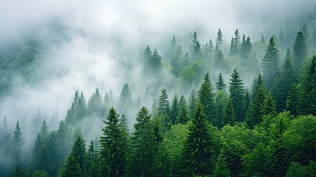Misty pine forest on the mountain slope in a nature reserve. © Lubos Chlubny
