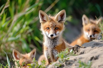 Fototapeta premium Red fox, cubs looking around near den