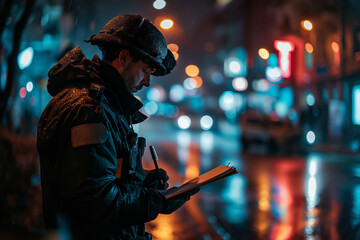 Portrait of a policeman taking notes on documents at night on a city street