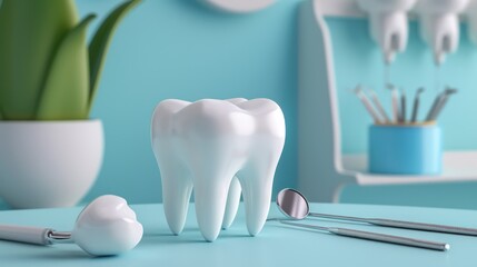 3d object illustration for dentist tooth with tools of medical health care for dental clinic hospital business - obrazy, fototapety, plakaty