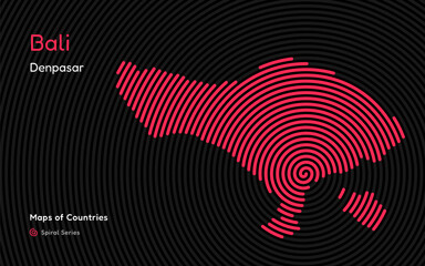 Abstract Simple Map of Bali in Spiral Fingerprint Pattern with Capital of Denpasar. 
