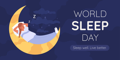 World sleep day. Banner with woman sleep well on moon in sky clouds and starry backgrounds. Vector illustration