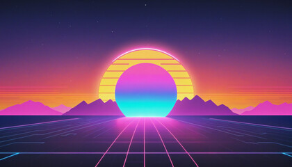 Retro sun in 80`s style. Vaporvave, retrowave, synthwave futuristic background with sunset. Trendy...