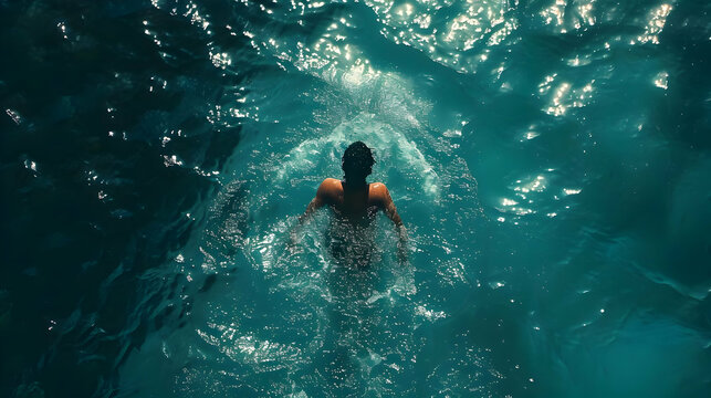 Top view of woman swimming in the sea cinematic photo. High quality