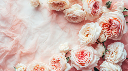 Blush Roses on Soft Tulle Fabric, Romantic Floral Arrangement, Gentle Rose Textile Background, pink rose petals background, Valentine's Day, Copyspace