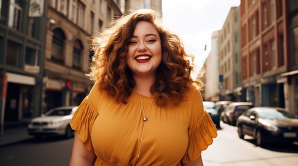Fototapeta premium Young plus size girl smiling happy standing at the city