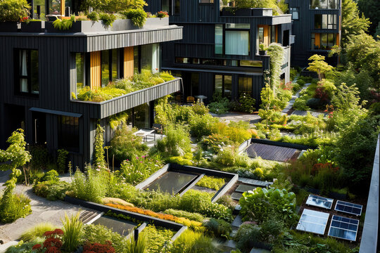 An image showcasing a modern apartment complex with green roofs, lush gardens, and solar panels, promoting sustainable living in an urban setting.