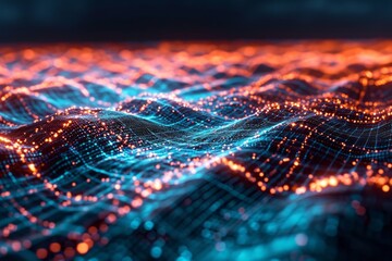 Connected glowing 3d grid, digitalization, wave, network. Generative AI