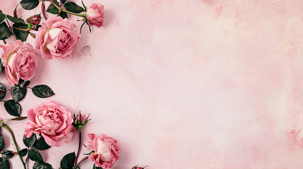 Soft Pink Roses Frame, Elegant Floral Layout on Pastel Background, Romantic Roses Border, pink rose frame, pink rose border,  copyspace for text, Valentine's Day