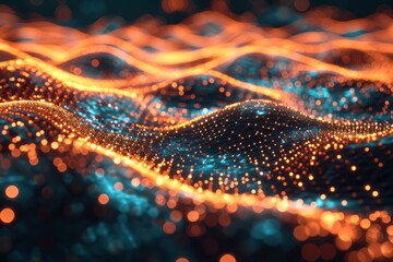 Connected glowing 3d grid, digitalization, wave, network. Generative AI