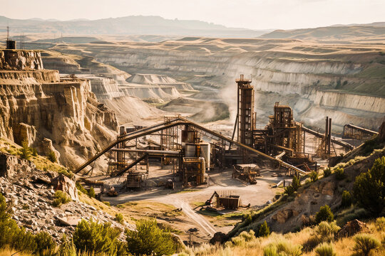 An expansive view of an industrial mining site with large machinery and layers exposed in the open pit mine.