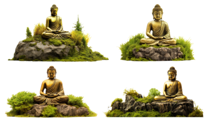 Set of golden buddha statues on mossy rocks, cut out