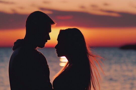Passionate Sunset Kiss: Romantic Silhouette of Couple Embracing Love on the Beach. Mesmerizing Twilight Romance