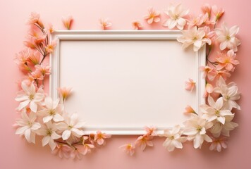 Naklejka na ściany i meble White Frame With Pink Flowers on Pink Background