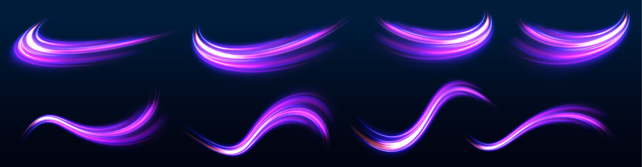Acceleration speed motion on night road. Vector glitter light fire flare trace. Abstract image of speed motion on the road. Bright sparkling background.	