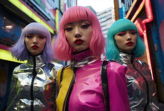 Three Mannequins With Different Colored Hair in Front of a Building