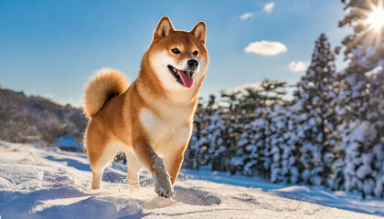 A happy shiba inu in the snow in a sunny day