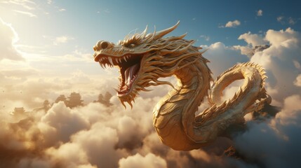 Golden chinese dragon flying on the blue cloudy sky, Fantasy dragon illustration, Chinese new year concept, Year of the Dragon - obrazy, fototapety, plakaty