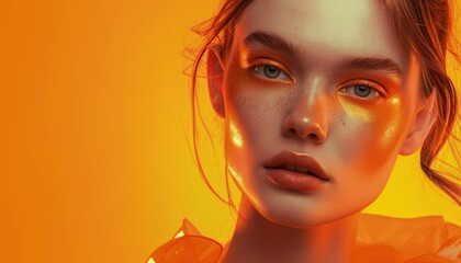 Woman With Orange Makeup on Yellow Background