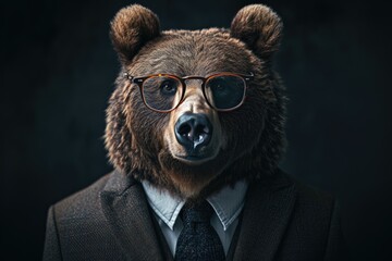 Brown Bear Wearing Glasses and Suit - obrazy, fototapety, plakaty