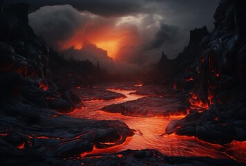 River Flowing Through Lava-Covered Forest