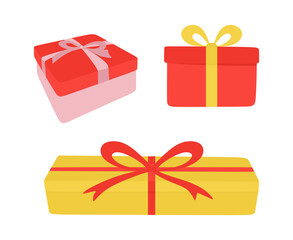 Set of various gift boxes with bows and ribbons isolated on white background. Square and rectangular gift paper boxes in red, yellow and pink color. Cartoon gift box. Flat vector illustration