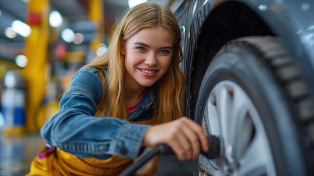 Smiling young woman attending to car tire in auto workshop