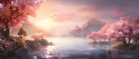 Dreamy scene, ultra wide background, spring magic, ethereal light, to create a captivating banner